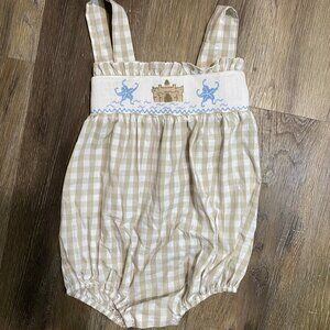 Beige Gingham Bubble with Sandcastle Smocking